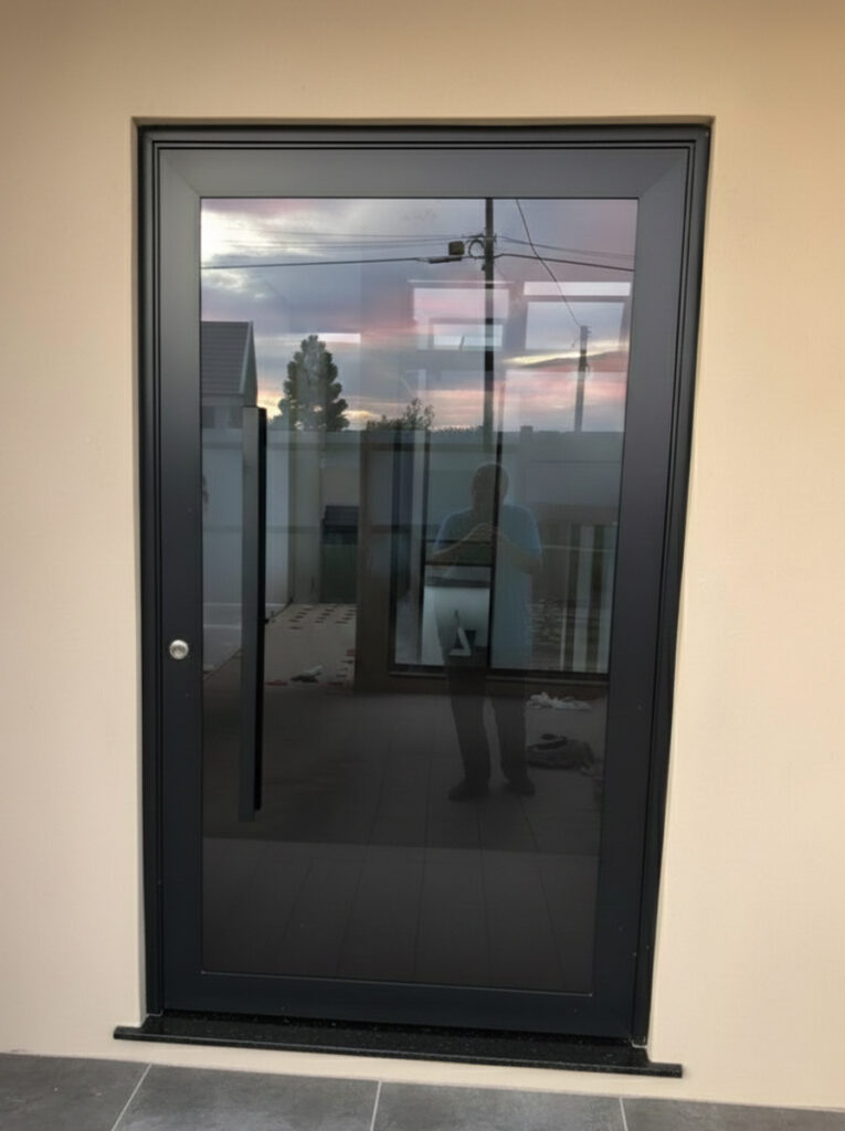 porta pivotante de giro em vidro temperado fumÊ com puxador 1 metro